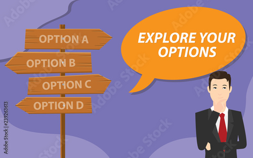 explore your options with business man thinking and a lot of option sign board