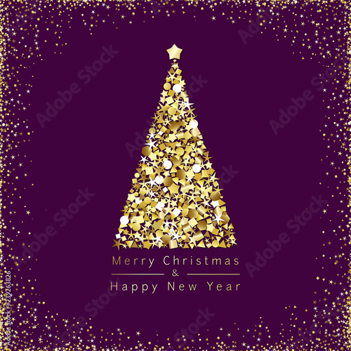 Merry xmas & and A Happy New Year congrats. Ultra violet square congratulation logotype with glowing dust template design, abstract isolated 3d graphic shiny snowy frame. Calender noise art elements.