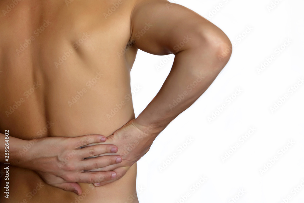 Man with side pain isolated on white background. Shirtless person suffering from backache, liver disease