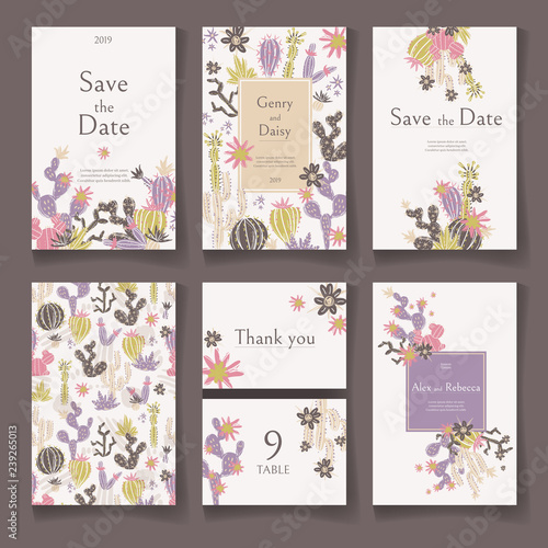 Ready wedding card design template. Beautiful desert blooming su