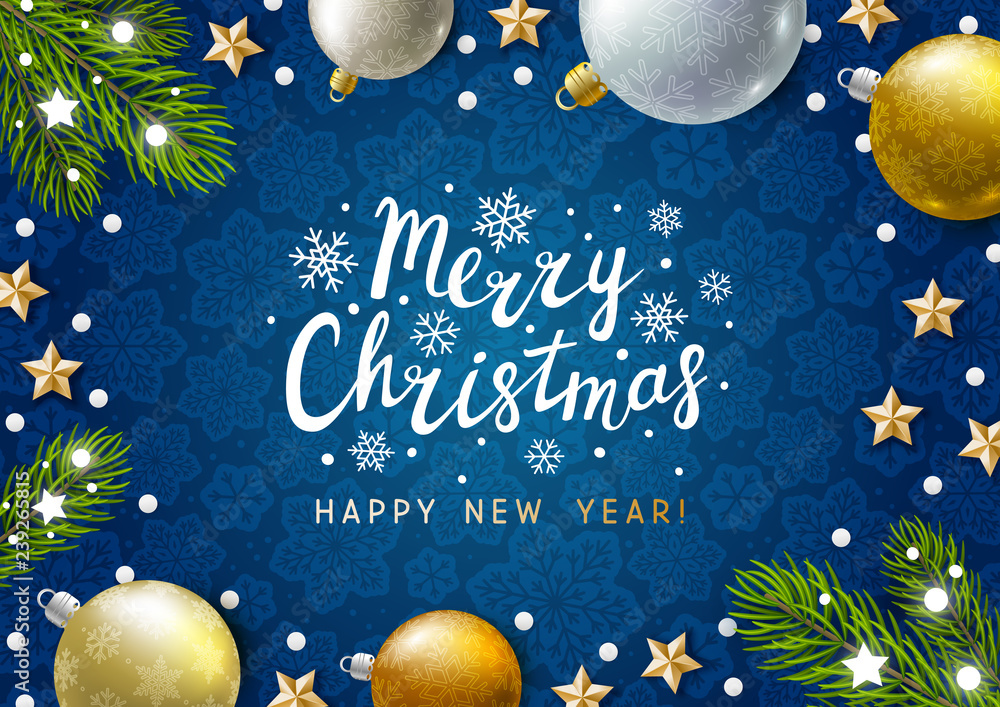 Fototapeta Christmas greeting card with holiday decor on blue background