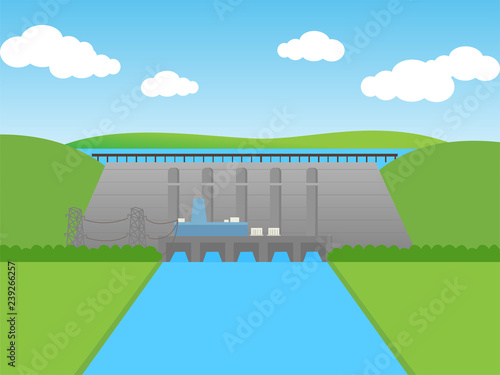 Hydro power Dam Concept, flat design vector.