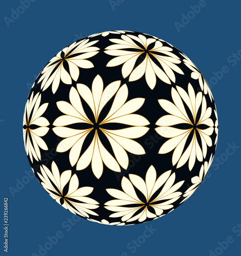 flower ball with outlined pattern gold ivory black on blue