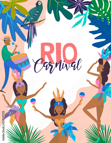 Brazil Carnival poster template with Brazilian samba dancer. Carnival in Rio de Janeiro with girls wearing a festival costume. Editable vector illustration