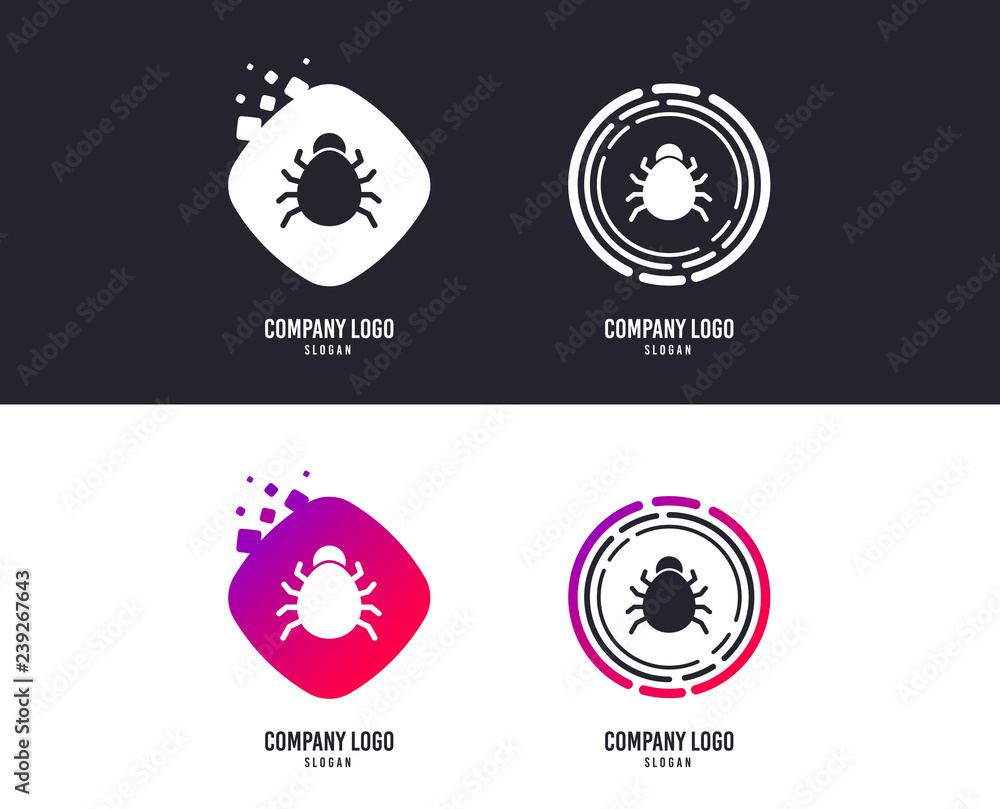 Logotype concept. Bug sign icon. Virus symbol. Software bug error. Disinfection. Logo design. Colorful buttons with icons. Vector