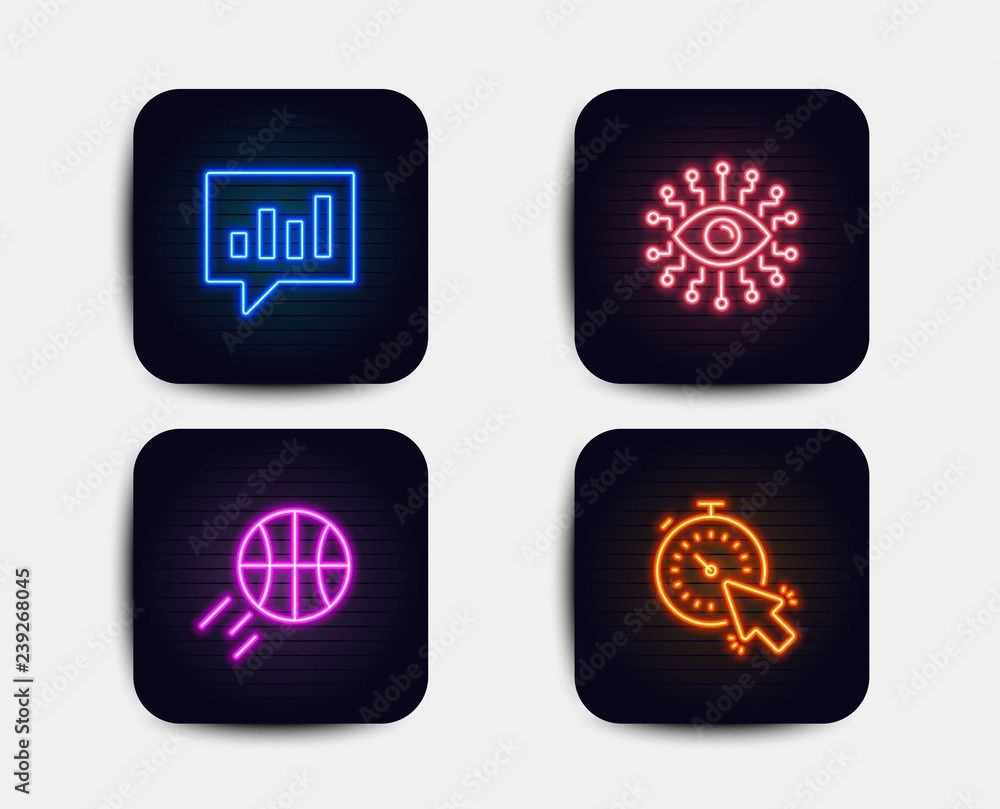 Neon set of Basketball, Artificial intelligence and Analytical chat icons. Timer sign. Sport ball, All-seeing eye, Communication speech bubble. Time management. Neon icons. Vector Neon set of Basketball, Artificial intelligence and Analytical chat icons. Timer sign. Sport ball, All-seeing eye, Communication speech bubble. Time management. Neon icons. Vector