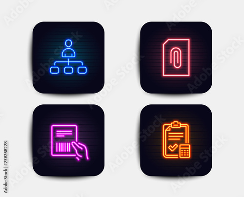 Neon glow lights. Set of Management, Attachment and Parcel invoice icons. Accounting checklist sign. Agent, Attach document, Delivery document. Calculator. Neon icons. Glowing light banners. Vector