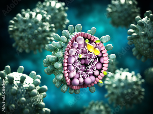 Structural detail of Hepatitis B virus on blue-green background. 3D illustration photo