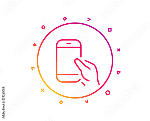 Hold Smartphone icon. Give Cellphone or Phone sign. Ð¡ommunication Mobile device symbol. Gradient pattern line button. Hold Smartphone icon design. Geometric shapes. Vector