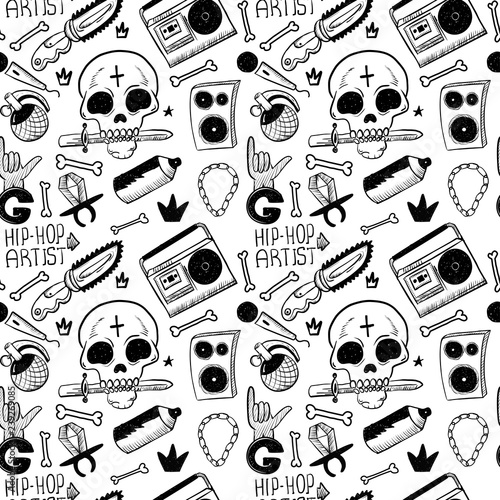 Rap Music. Hip hop doodle pattern with rap attributes