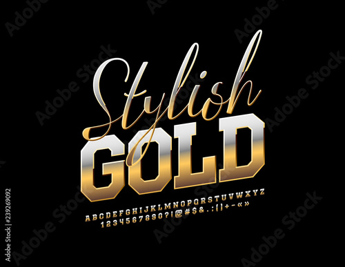 Vector stylish Gold Font. Rotated metallic Alphabet Letters, Numbers and Symbols.