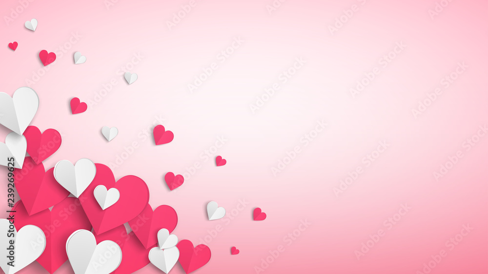 Background with many paper volume hearts, red and white on pink