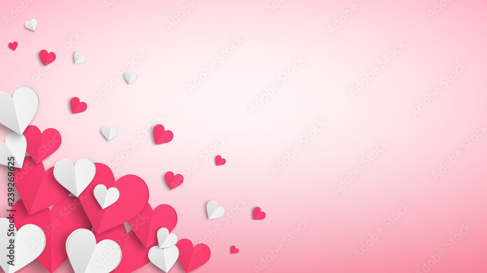 Background with many paper volume hearts, red and white on pink Background with many paper volume hearts, red and white on pink