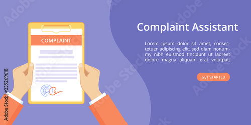 Hands with clipboard complaint assistant landing page template. Online assistant service landing concept, flat man hands holding sealed complaint document on clipboard. Vector violet illustration