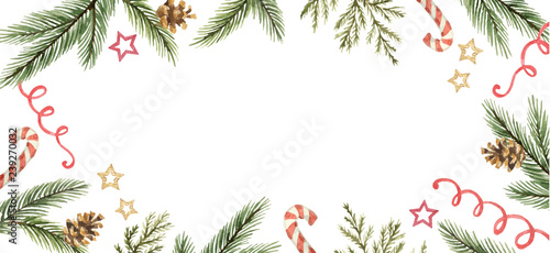 Watercolor vector Christmas banner with snowflakes, berries and fir branches.