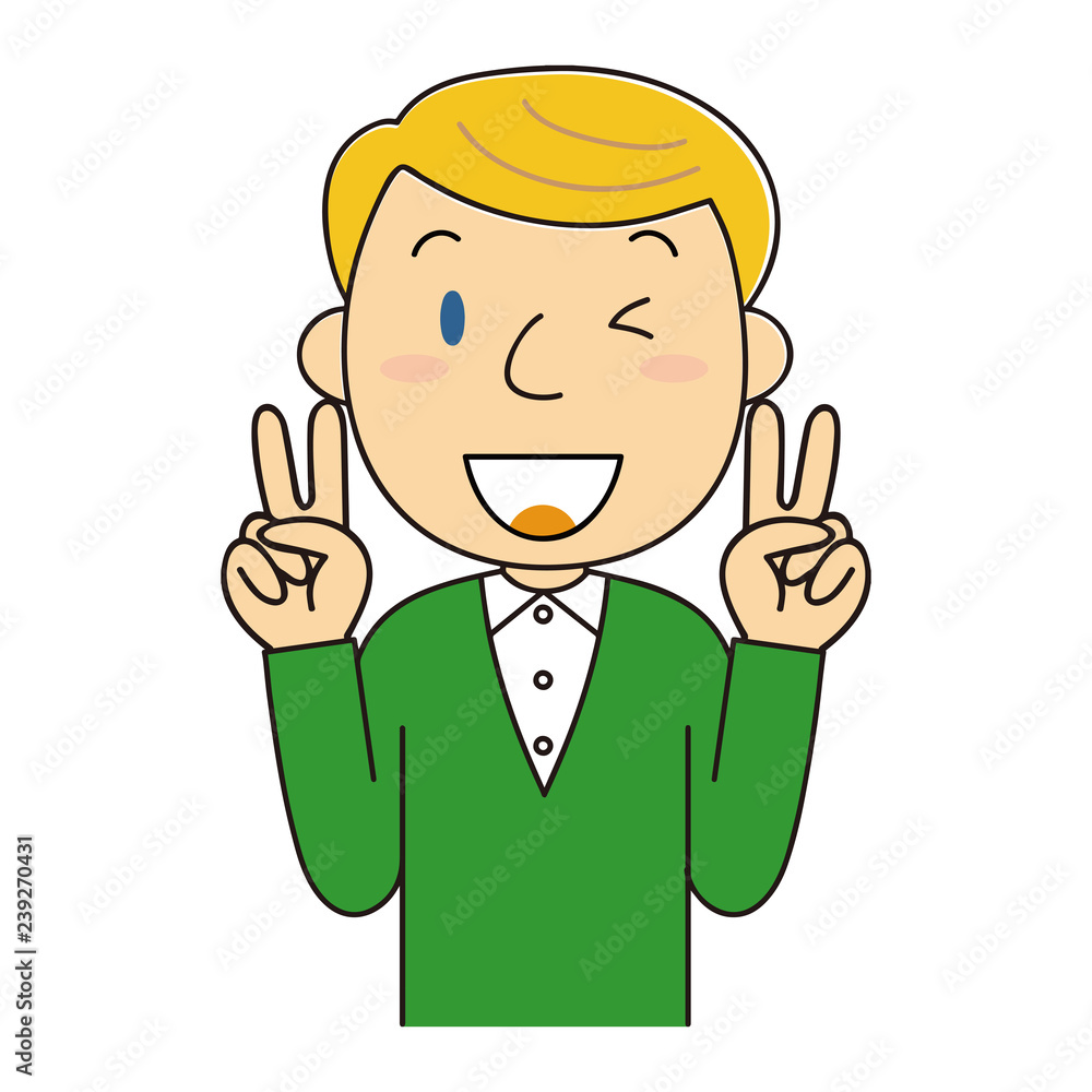 Wピースをする外国人男性