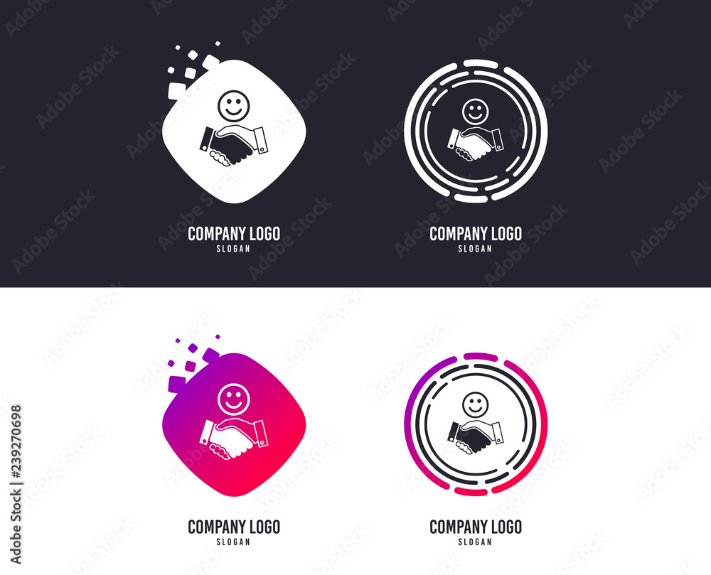 Logotype concept. Smile handshake sign icon. Successful business with happy face symbol. Logo design. Colorful buttons with icons. Vector