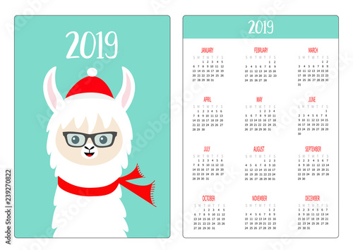 Cute alpaca llama face Glasses, red hat, scarf. Pocket calendar layout 2019 new year. Vertical orientation. Week starts Sunday. Cartoon funny kawaii baby character. Flat design. Blue background.