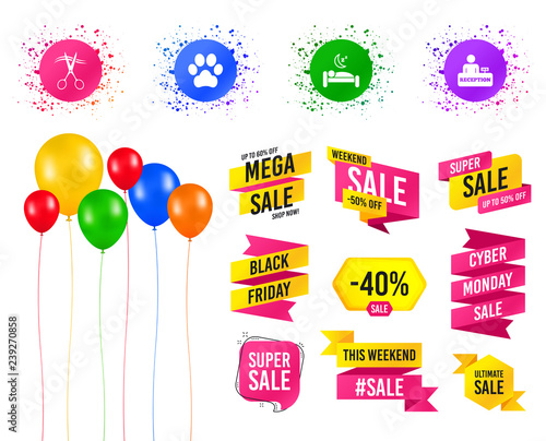 Balloons party. Sales banners. Hotel services icons. With pets allowed in room signs. Hairdresser or barbershop symbol. Reception registration table. Quiet sleep. Birthday event. Trendy design. Vector