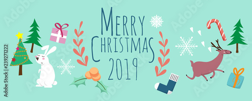 Merry Christmas 2019. cute cartoon of animals character , christmas tree and gift box with text Merry Christmas 2019 isolated on light green background. vector design