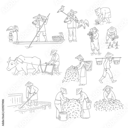 Vector Chinese farmers and fishermen black white line art set people plant rice, grow tea and go fishing. Symbols of asian agricultural culture.