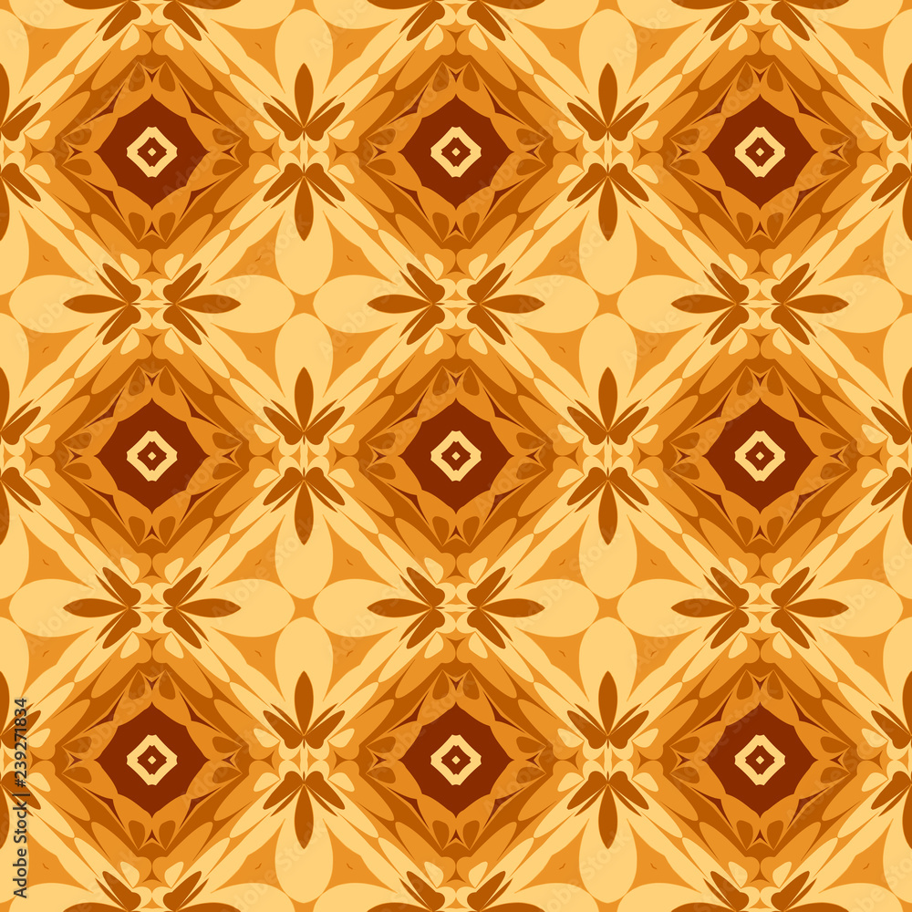 Seamless bright pattern from orange and brown geometrical abstract ornaments on yellow background. Vector illustration can be used for textiles, wallpaper and wrapping paper