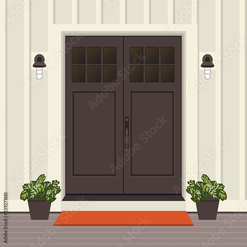 House door front with doorstep and mat  window  lamp  flowers  building entry facade  exterior entrance design illustration vector in flat style