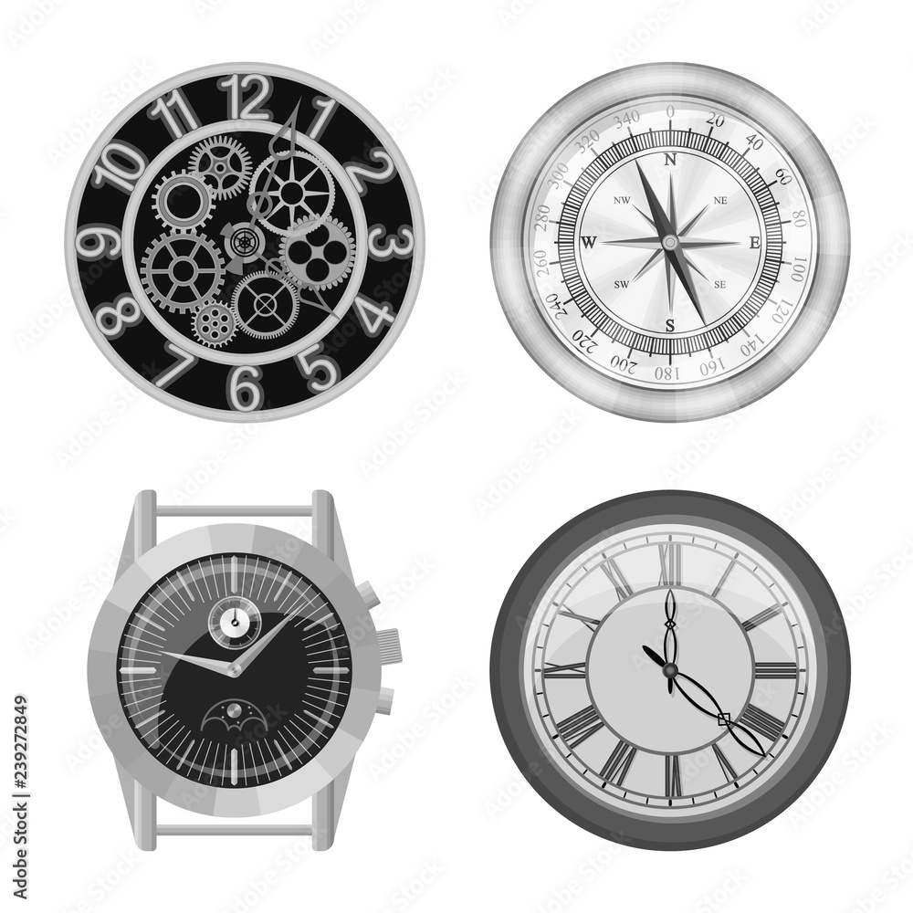 Isolated object of clock and time icon. Collection of clock and circle stock symbol for web. Isolated object of clock and time icon. Collection of clock and circle stock symbol for web.