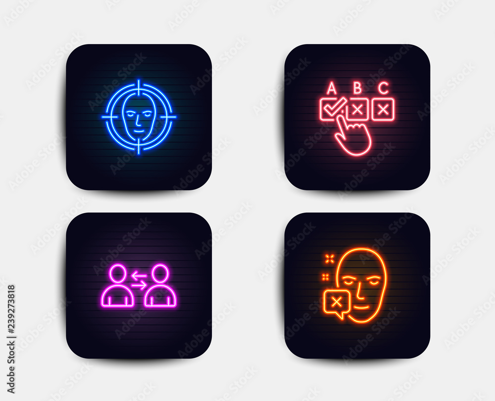Neon set of Correct checkbox, Communication and Face detect icons. Face declined sign. Answer, Users talking, Select target. Identification error. Neon icons. Glowing light banners Neon set of Correct checkbox, Communication and Face detect icons. Face declined sign. Answer, Users talking, Select target. Identification error. Neon icons. Glowing light banners