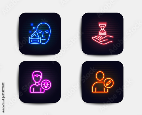 Neon glow lights. Set of Face cream, Time hourglass and Person idea icons. Edit user sign. Gel, Sand watch, Lamp energy. Profile data.  Neon icons. Glowing light banners. Vector