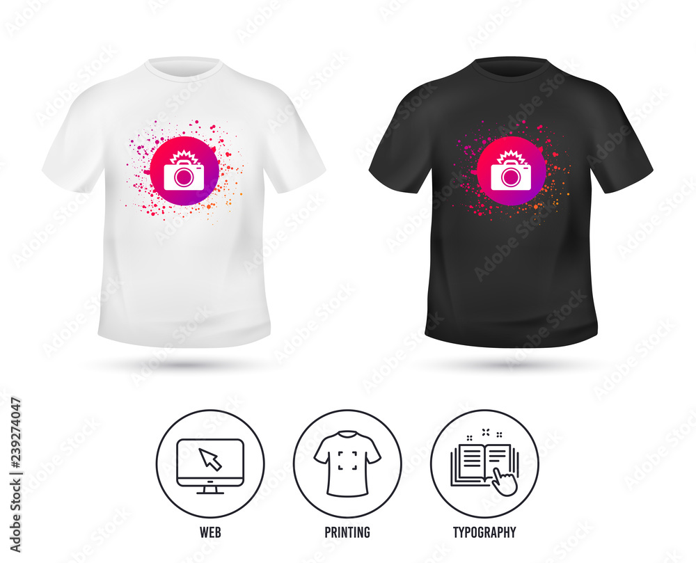 Naklejka premium T-shirt mock up template. Photo camera sign icon. Photo flash symbol. Realistic shirt mockup design. Printing, typography icon. Vector