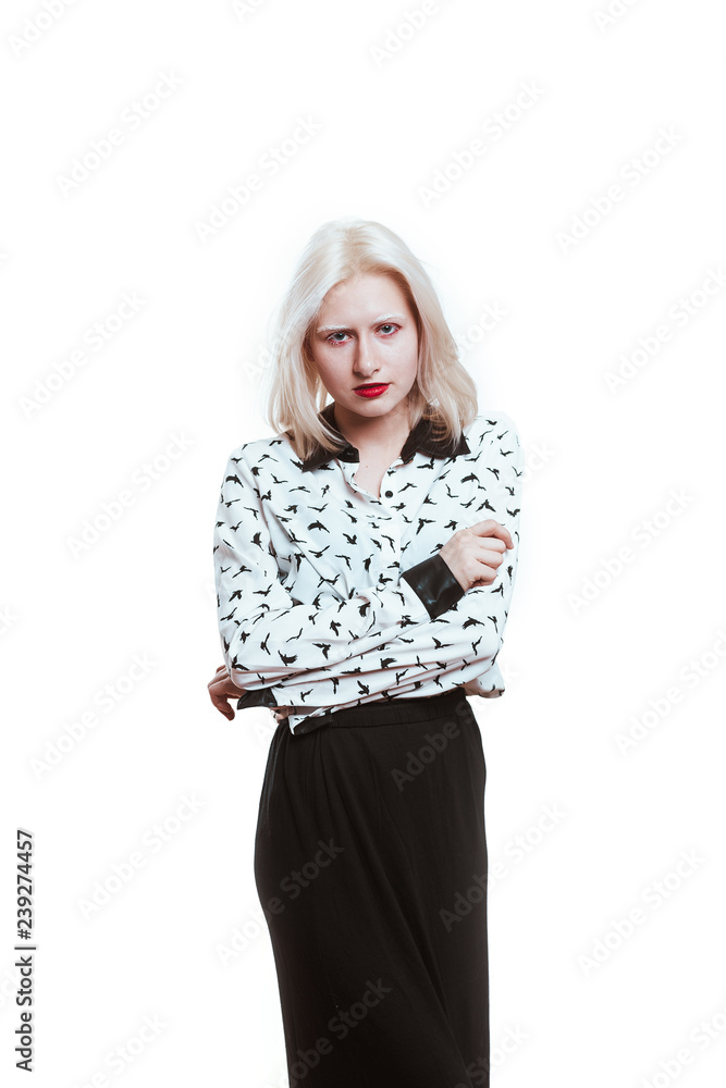 portrait blonde albino girl in studio on white background portrait blonde albino girl in studio on white background