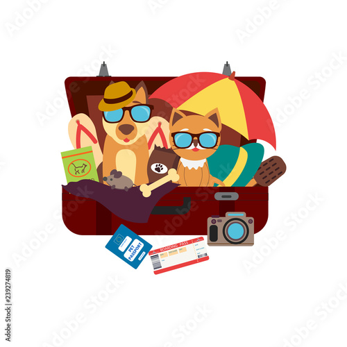 Pet travel. A cute dog and cat sitting in a suitcase and vacation accessories.  Logo for travel on a sticker, poster, card, business card for a travel company.