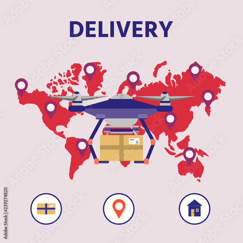 ПечатьBanner in flat design  with flying quadrocopter and parcel. Delivery service concept. Vector illustration.