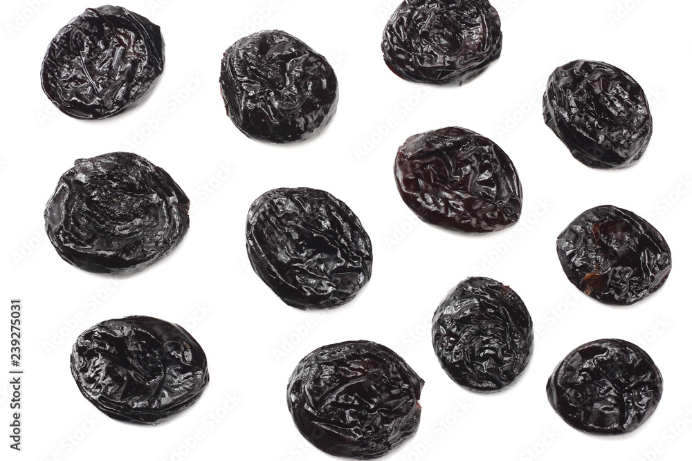 Dried plums - prunes isolated on white background. top view Dried plums - prunes isolated on white background. top view