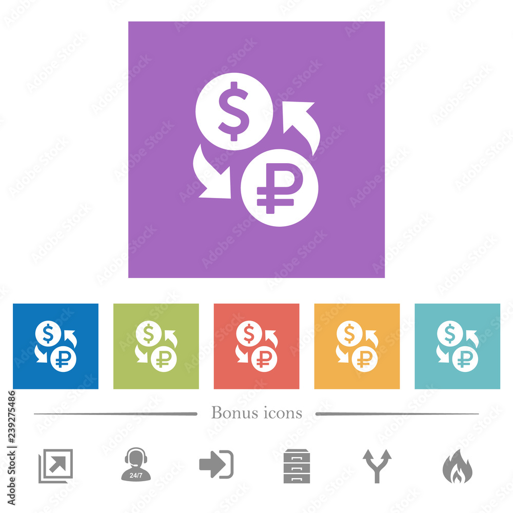 Dollar Ruble money exchange flat white icons in square backgrounds Dollar Ruble money exchange flat white icons in square backgrounds