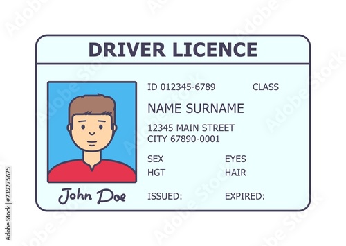 Car driver licence identification. Driving licence plastic card with man photo. Flat style isolated. Vector illustration.