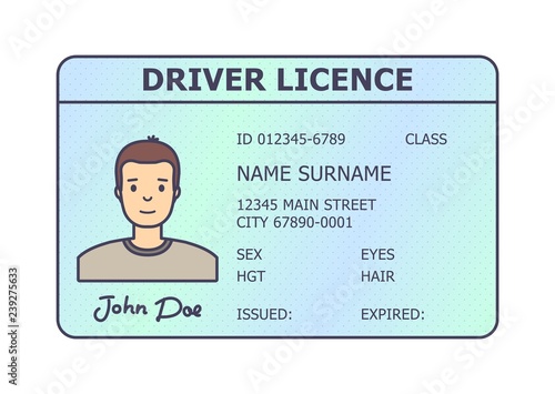Car driver licence identification. Driving licence plastic card with man photo. Flat style isolated. Vector illustration.