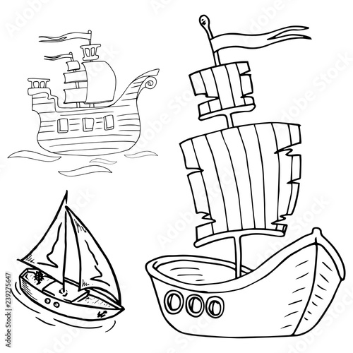 Set cartoon ship. Hand drawn set of different ships. Pirate sailboats.