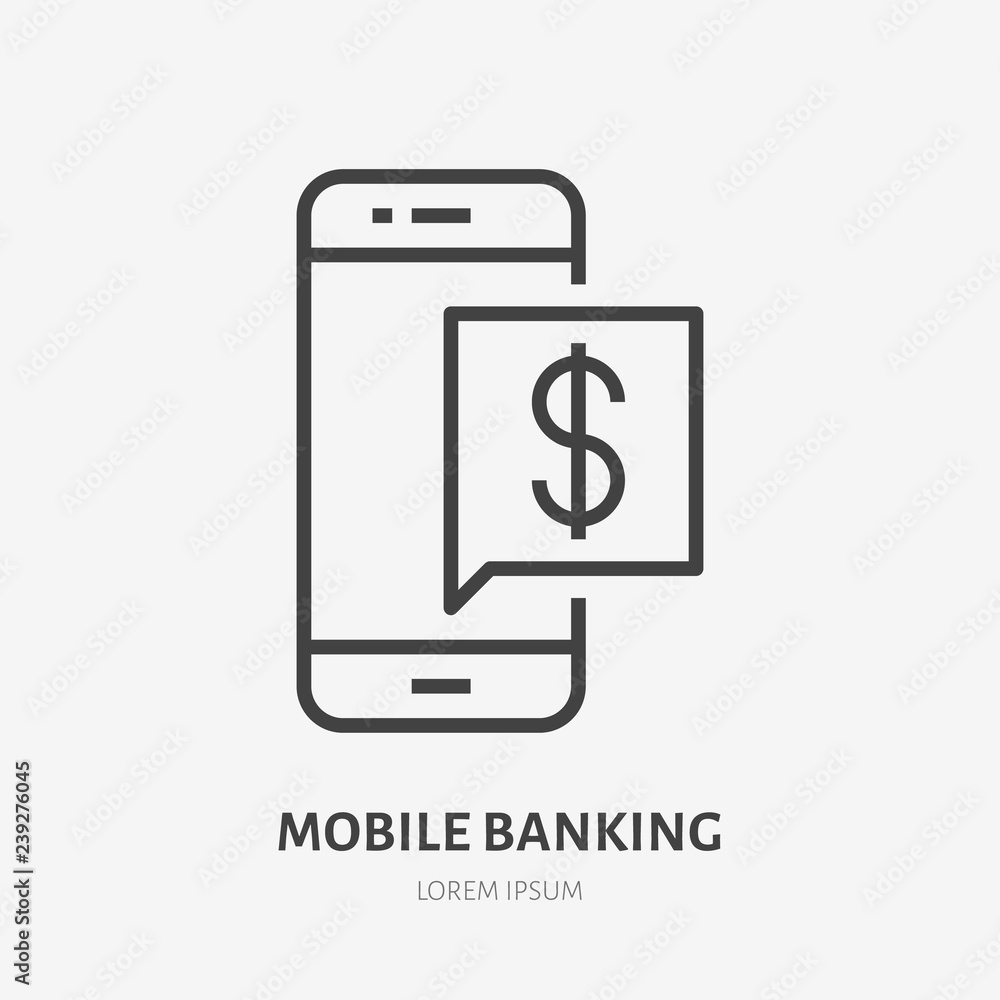 Mobile phone with money notification flat line icon. Online bank message sign. Thin linear logo for financial services, cash transfer, transaction confirmation vector illustration Mobile phone with money notification flat line icon. Online bank message sign. Thin linear logo for financial services, cash transfer, transaction confirmation vector illustration