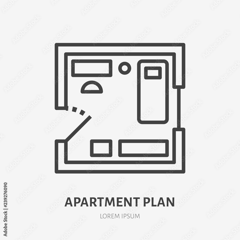 Apartment plan flat line icon. Vector thin sign of room layout, condo rent logo. Real estate illustration Apartment plan flat line icon. Vector thin sign of room layout, condo rent logo. Real estate illustration