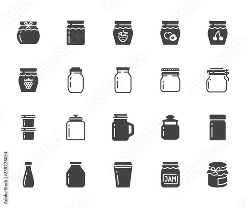 Bottle of jam flat glyph icons. Glass packaging for fruit confiture, raspberry strawberry jelly container vector illustrations. Signs for sweet food store. Solid silhouette pixel perfect 64x64 photo