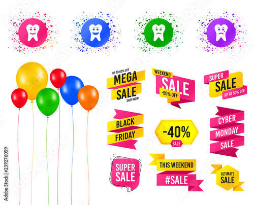 Balloons party. Sales banners. Tooth smile face icons. Happy, sad, cry signs. Happy smiley chat symbol. Sadness depression and crying signs. Birthday event. Trendy design. Vector