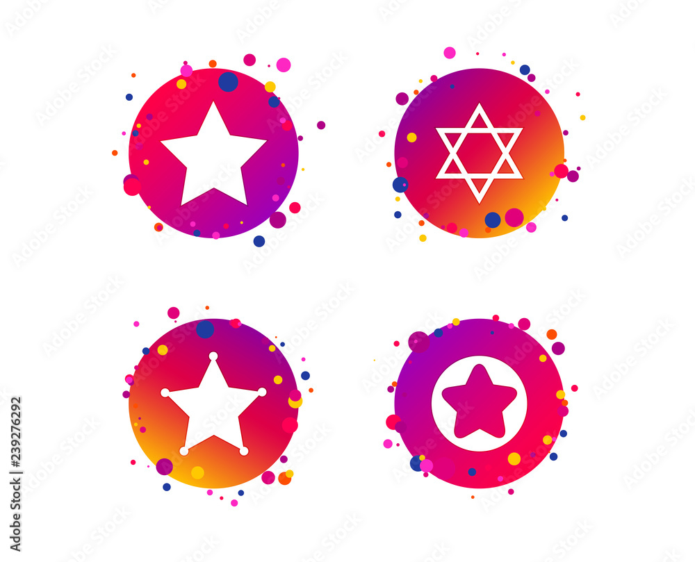 Star of David icons. Sheriff police sign. Symbol of Israel. Gradient circle buttons with icons. Random dots design. Vector Star of David icons. Sheriff police sign. Symbol of Israel. Gradient circle buttons with icons. Random dots design. Vector