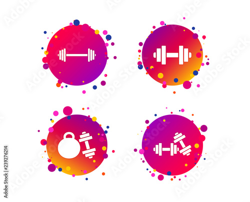 Dumbbells sign icons. Fitness sport symbols. Gym workout equipment. Gradient circle buttons with icons. Random dots design. Vector