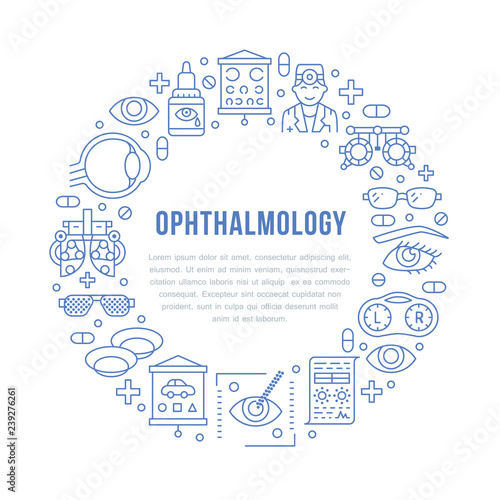 Ophthalmology, eyes health care circle porter with line icons. Optometry equipment, contact lenses, eye glasses, doctor. Vision correction brochure signs for oculist clinic