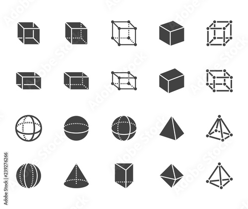 Geometric shapes flat glyph, line icons set. Abstract figures cube, sphere, cone, prism vector illustrations. Signs for geometry education, prototype development. Solid silhouette pixel perfect 64x64
