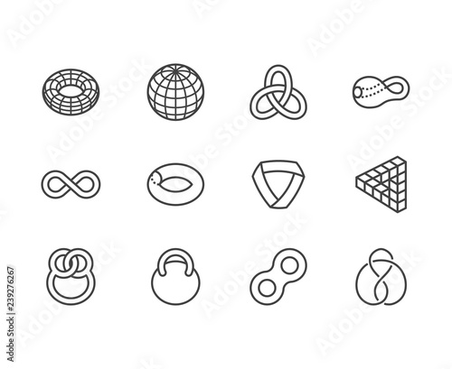 Geometric shapes flat line icons set. Topology figures sphere, torus, mobius strip, klein bottle vector illustrations. Thin signs for education, impossible object. Pixel perfect 64x64 Editable Stroke