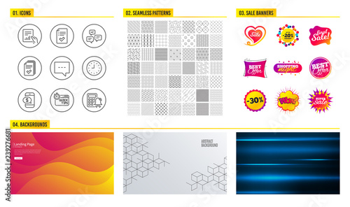 Seamless pattern. Shopping sale banners. Set of Document, Blog and Approved checklist icons. Quick tips, Clock and Phone payment signs. Handout, Chat messages and Calculator alarm symbols. Vector