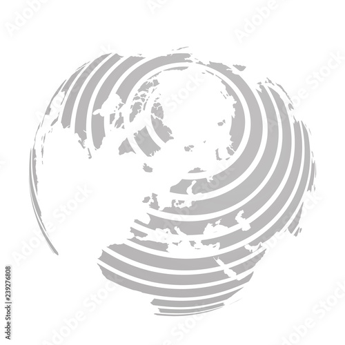 Earth globe with grey striped World land map focused on Europe and Antarctica with North Pole. 3D vector illustration.